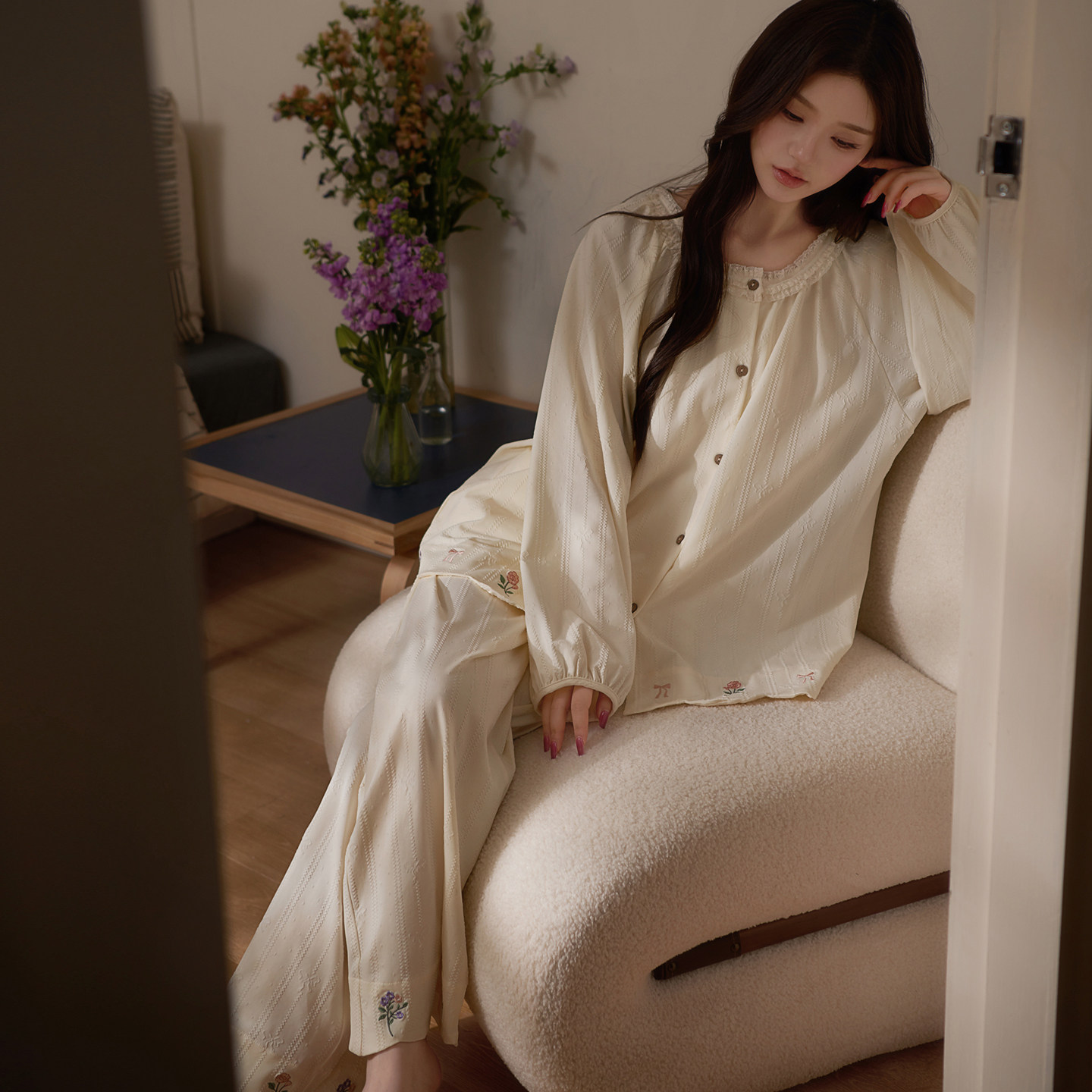 思莉太太纯棉睡衣女款长袖奶fufu法式甜美圆领开衫春秋漂亮家居服