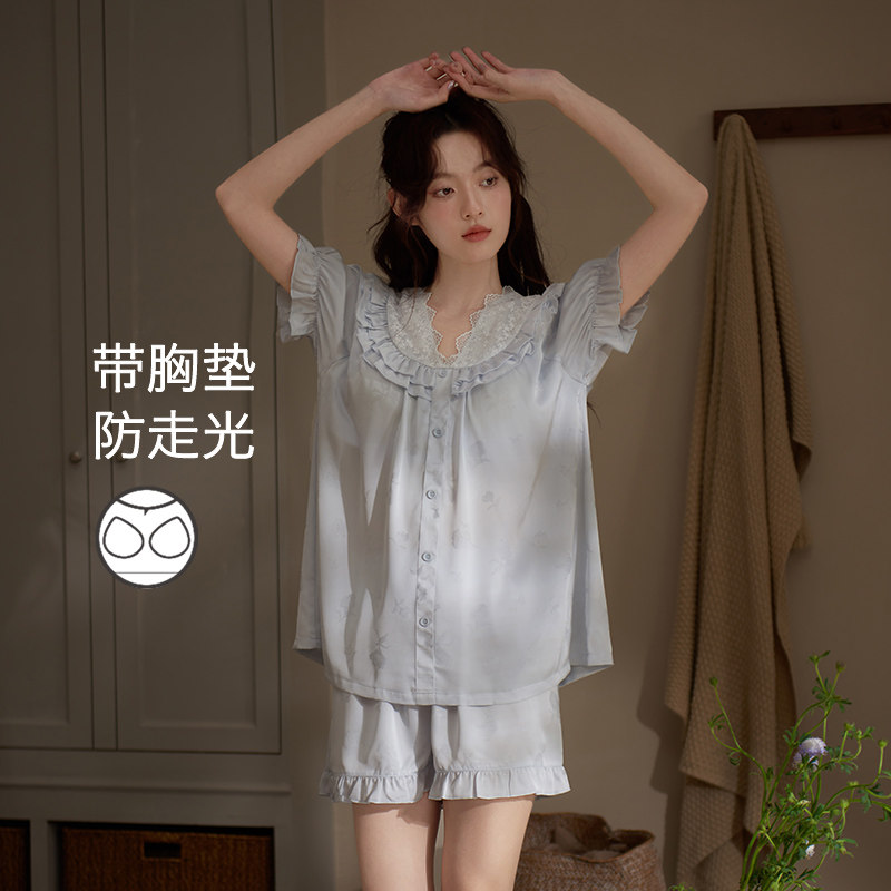 思莉太太睡衣女款夏凉感冰丝短袖绝美蕾丝带胸垫夏天纯欲风家居服