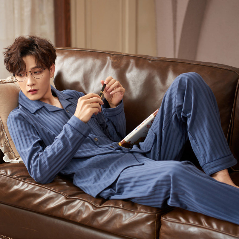 思莉太太男士睡衣春秋纯棉长袖2021年新款黑色高级感男青年家居服