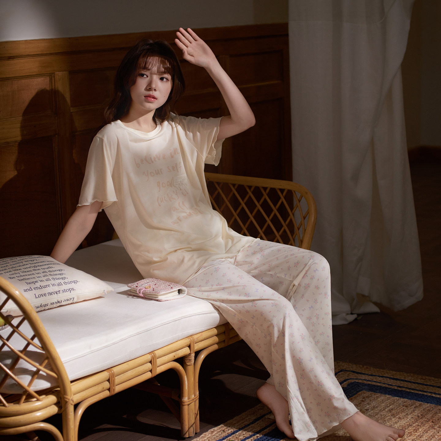 思莉太太冰凉天丝棉睡衣女款夏季短袖长裤甜美碎花夏天舒服家居服