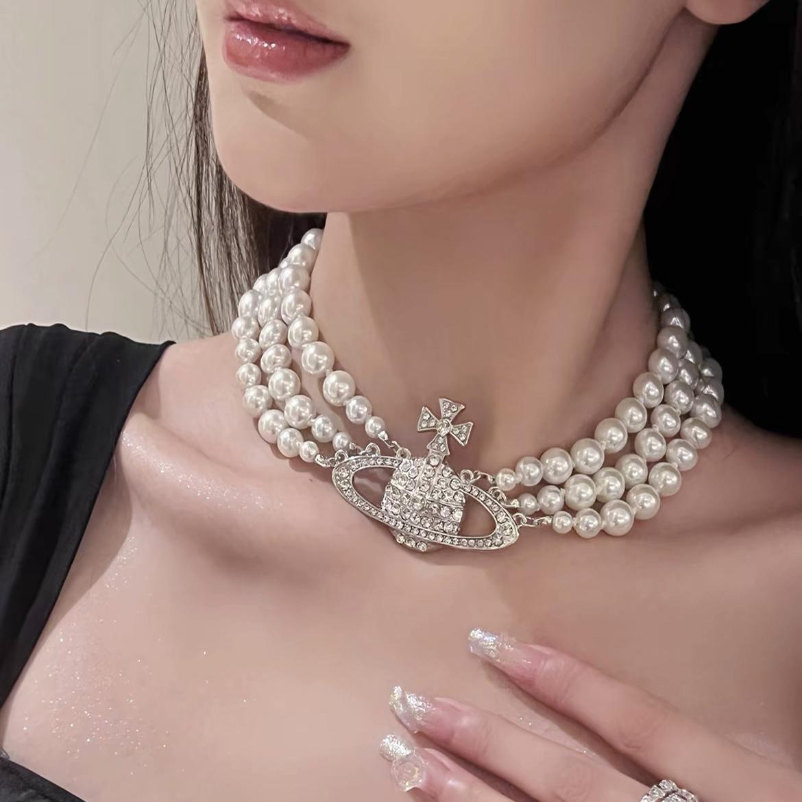 宇宙星球三层珍珠项链女锁骨链女