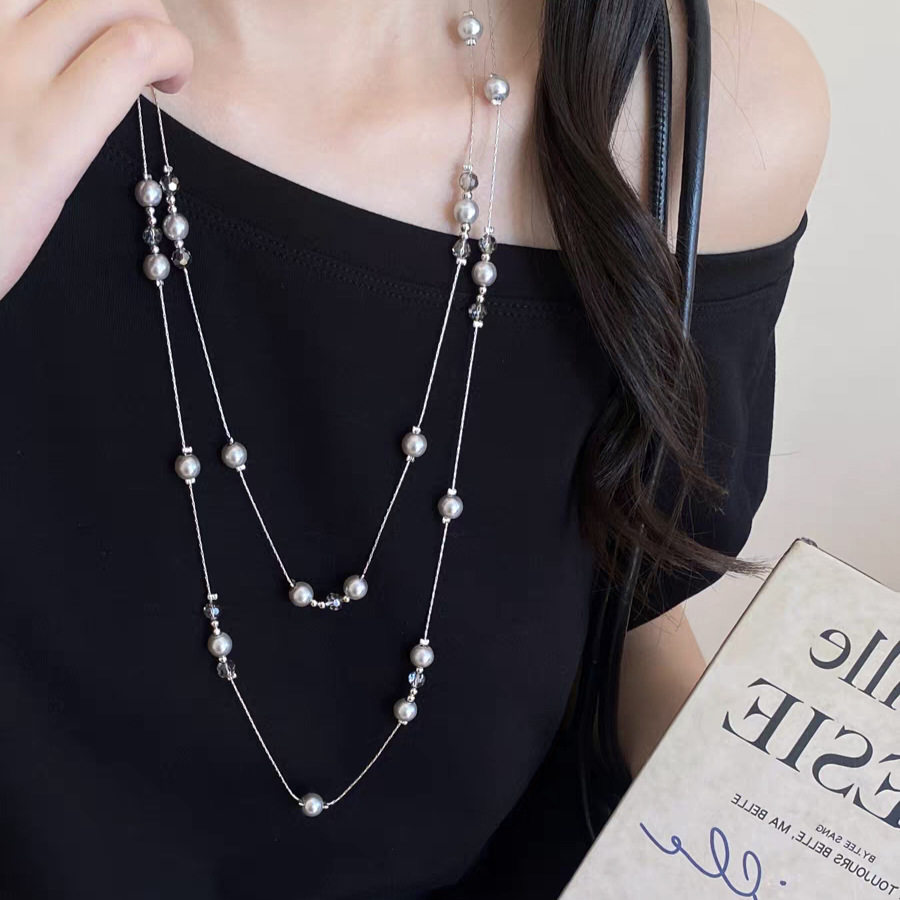 轻奢多层灰色玻璃珍珠女士项链叠戴百搭长款毛衣链秋冬服装配饰品