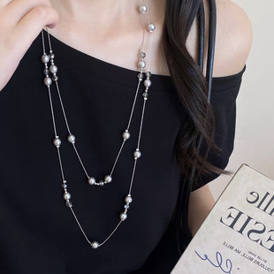 轻奢多层灰色玻璃珍珠女士项链叠戴百搭长款毛衣链秋冬服装配饰品
