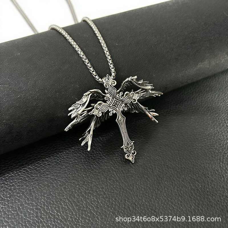 复古银色六翼天使之翼十字架吊坠男女项链欧美热销甜酷风嘻哈挂件