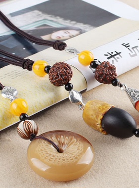 编织棉麻菩提子长款挂坠毛衣链