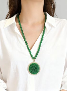 祖母绿如意龙牌佛像水滴吊坠长款项链时尚毛衣链女百搭服装配饰品