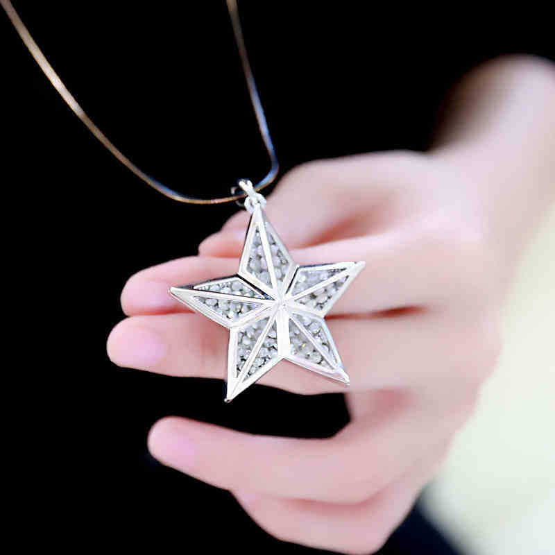 韩版时尚镶钻立体五角星吊坠秋冬长款项链百搭毛衣链女衣服配饰品