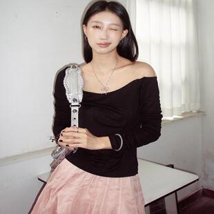 长袖 女天丝羊毛修身 网纱拼接T恤 小众设计感露肩针织打底衫 fifth