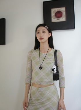 fifth 甜辣弹力网纱修身短上衣T恤女2025新款格纹A字半身裙两件套