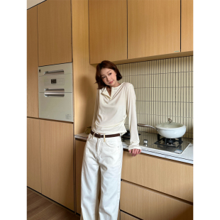 短款 褶皱收腰长袖 内搭T恤 博主风慵懒V领天丝上衣女春秋新款 fifth