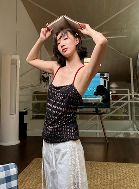 fifth 朱砂痣ran复古小众设计波点印花交叉红色肩带撞色吊带上衣