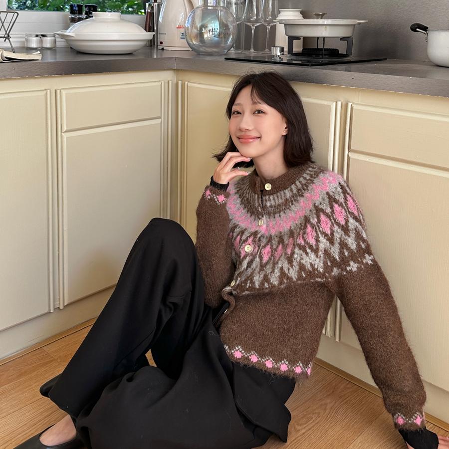 fifth 费尔岛毛衣女秋冬新款ffu羊驼毛混纺经典撞色节日针织开衫