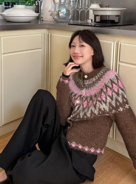 fifth 费尔岛毛衣女秋冬新款ffu羊驼毛混纺经典撞色节日针织开衫