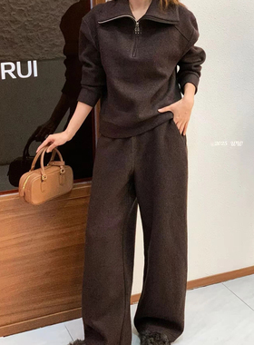 欧洲站25秋冬V+.COM新含羊毛慵懒肌理感落肩上衣&宽松直筒裤套装