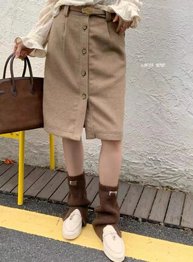 欧洲站25秋冬V+.COM新气质优雅前面钮扣毛呢半裙小香风中长直筒裙