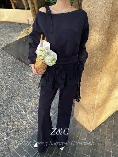 套装 欧洲站2026春季 Z.C单侧露肩灰色蕾丝屁帘斜肩上衣休闲喇叭裤
