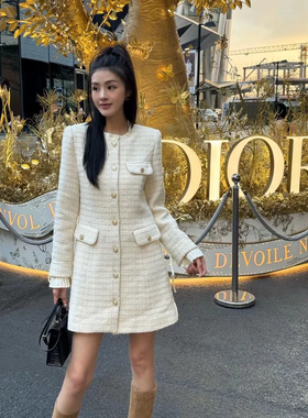 欧洲站2025秋冬V+.COM圆领红色粗花呢小香风羊毛气质连衣裙外套女