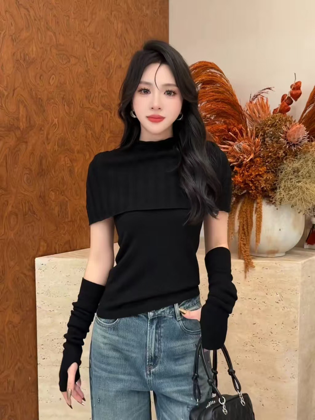 欧货V+.COM26秋针织三件套女吊带+半高领披肩堆堆袖套显瘦打底衫