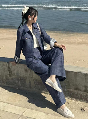 欧洲站25早春V+.COM时尚套装长袖翻领短款外套+直筒阔腿裤两件套