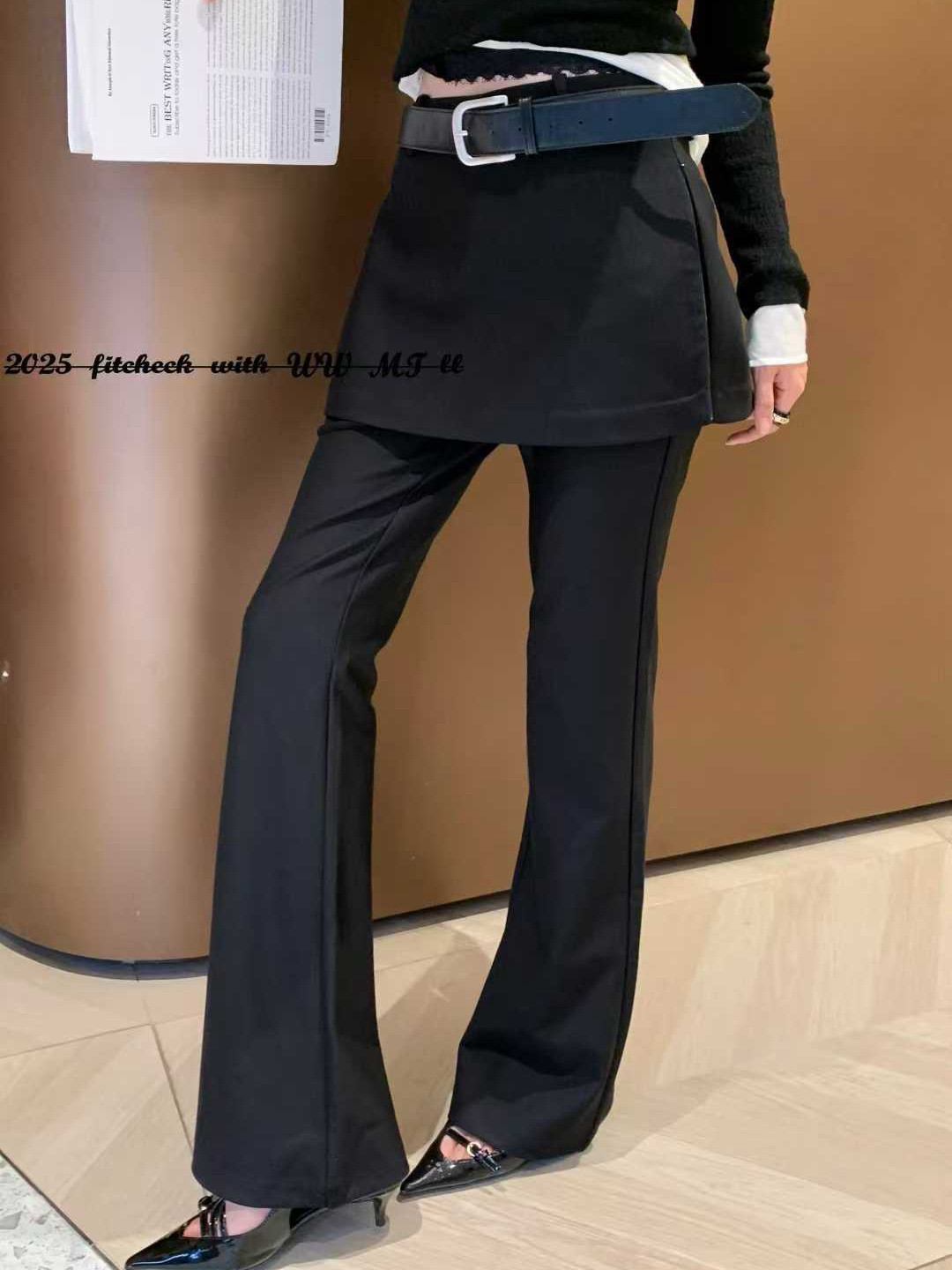 欧洲站2025秋季V+.COM设计感假两件微喇叭裙裤女高腰显瘦拖地长裤