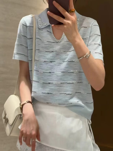 欧洲站26夏季Dong.one新品翻领条纹针织衫女短袖重工钉珠减龄上衣