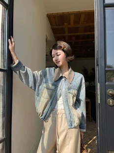 复古撞色编织翻领牛仔宽松水洗夹克外套 .COM新款 欧洲站2026春季