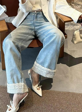 欧洲站25早春V+.com时尚显瘦裤脚蕾丝拼接阔腿裤直筒牛仔裤女长裤