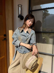 撞色编织领短款 .COM新款 系带收腰显瘦牛仔外套女 欧洲站2026春季