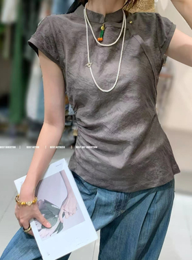 欧洲站25夏季V+.COM新款中式国风立领斜襟褶皱收腰优雅显瘦上衣女