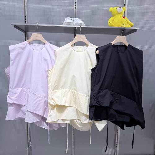 [商场同款]JN2026夏季新品无袖圆领宽松收腰捏褶衬衫女叠层荷叶边