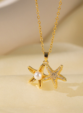 韩版时尚微镶满钻仿珍珠海星吊坠锁骨链个性小众钛钢项链百搭饰品