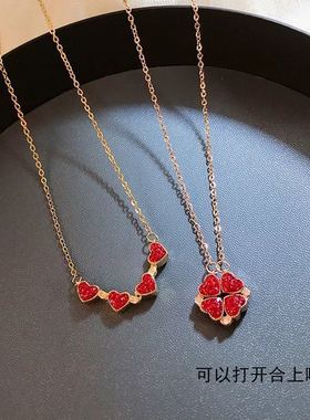 可折叠黑红双面多戴满钻四叶花项链女款设计感锁骨链钛钢饰品新潮