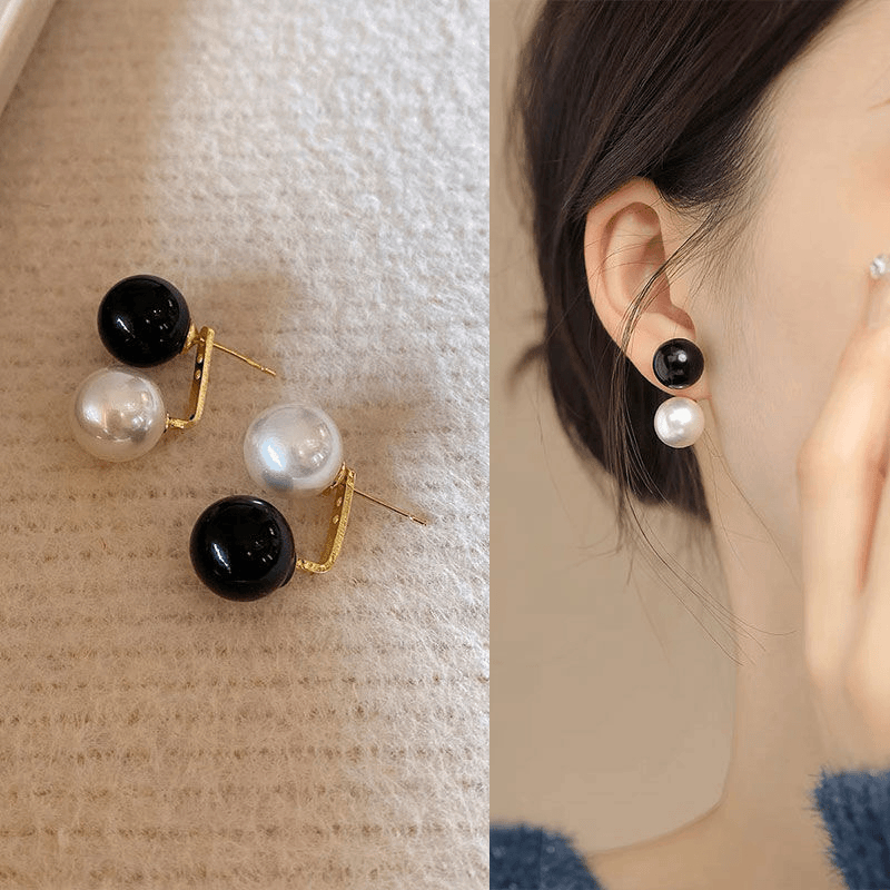 简约复古黑白仿珍珠几何银针耳钉