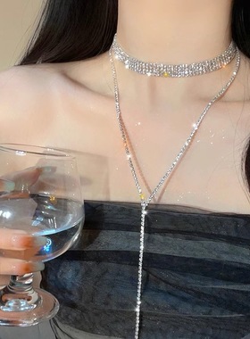 超闪满钻长流苏项链女