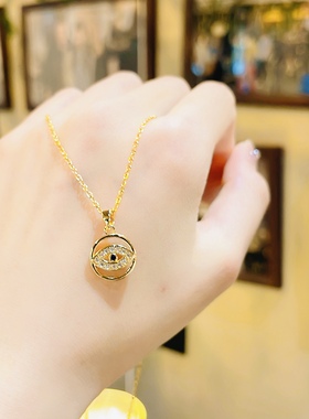 韩版时尚精致锆石圆牌吊坠项链女