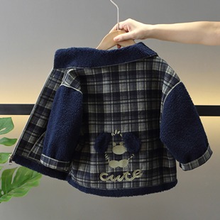 男童皮毛一体衣冬季加绒加厚格子呢大衣宝宝冬装帅气呢子外套短款