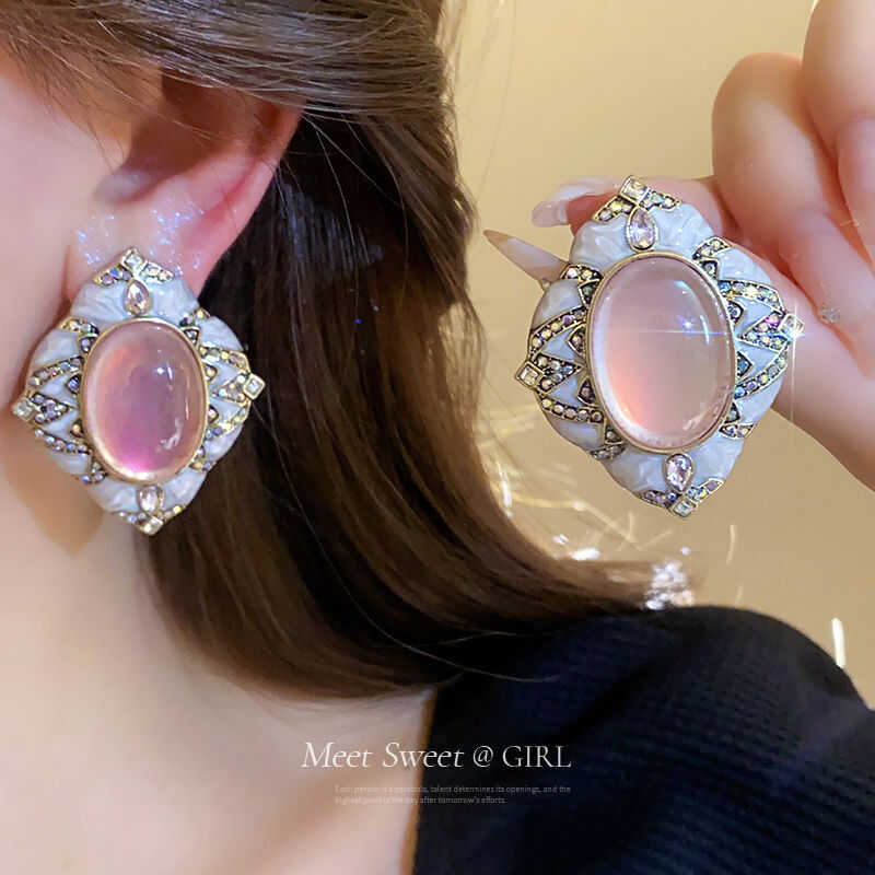 小众中古复古气质耳环椭圆形菱形镶钻耳钉轻奢高级感耳饰