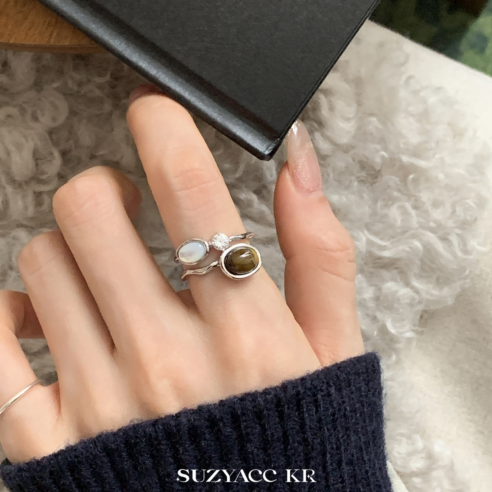 虎眼石水钻双层戒指小众设计复古高级感食指戒质感指环