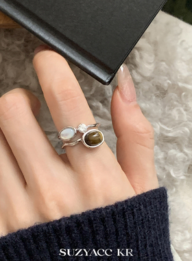 虎眼石水钻双层戒指小众设计复古高级感食指戒质感指环