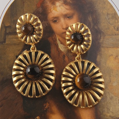 虎眼石耳环金属金色花朵棕色复古美拉德新年耳饰