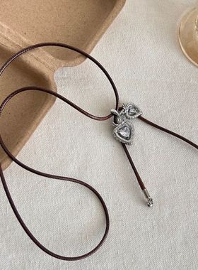 铜布艺项链 双心吊坠项链女款高级感小众设计简约气质毛衣链配饰