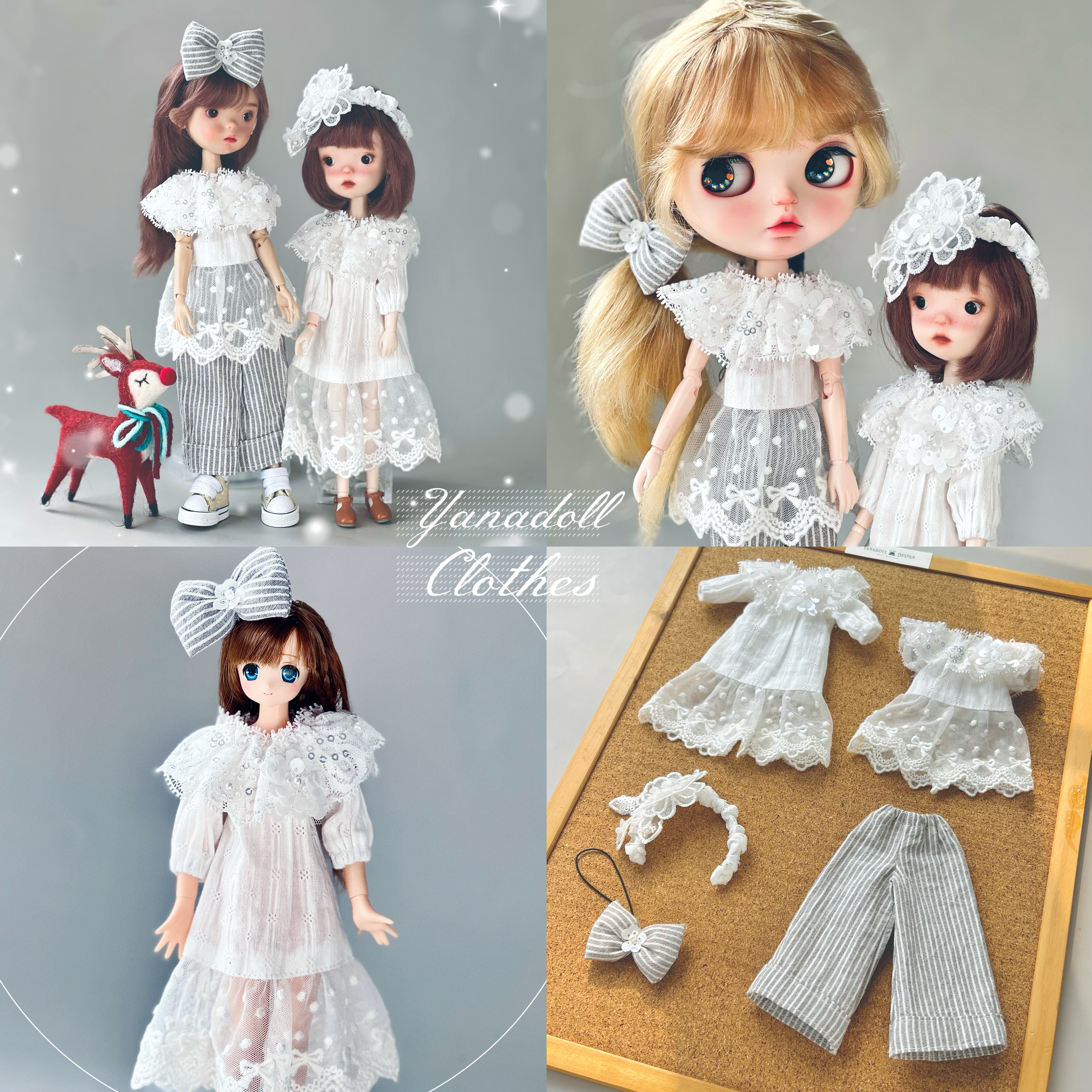 蓝豆豆小布Azone娃衣-白色简约长裙灰白色条纹阔腿裤娃衣