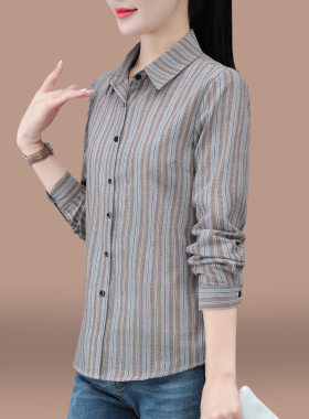 格子长袖衬衫女款春秋2026新款中年女装洋气减龄条纹衬衣纯棉上衣