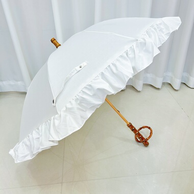 日系高颜值竹环小清新荷叶花边白色公主伞手动长柄伞遮阳防紫外线