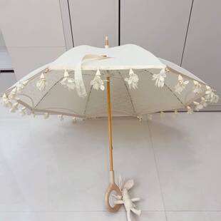 日系高颜值复古小清新双层棉布蕾丝玉兰花边长柄遮阳伞防紫外线女