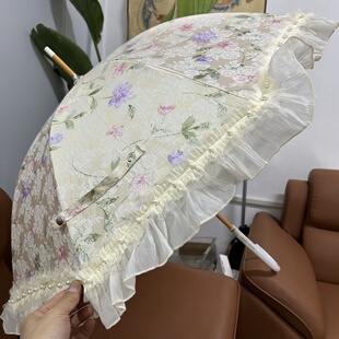 日系绢面提花珍珠蕾丝花边手动长柄伞防紫外线遮阳伞仿玉石手柄女