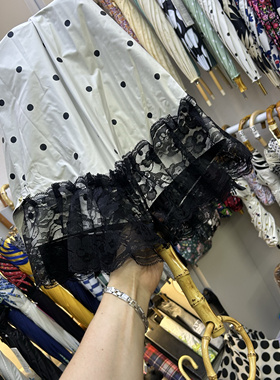 日式高颜值黑色蕾丝花边公主伞小波点遮阳竹节圆环手动黑胶二折伞