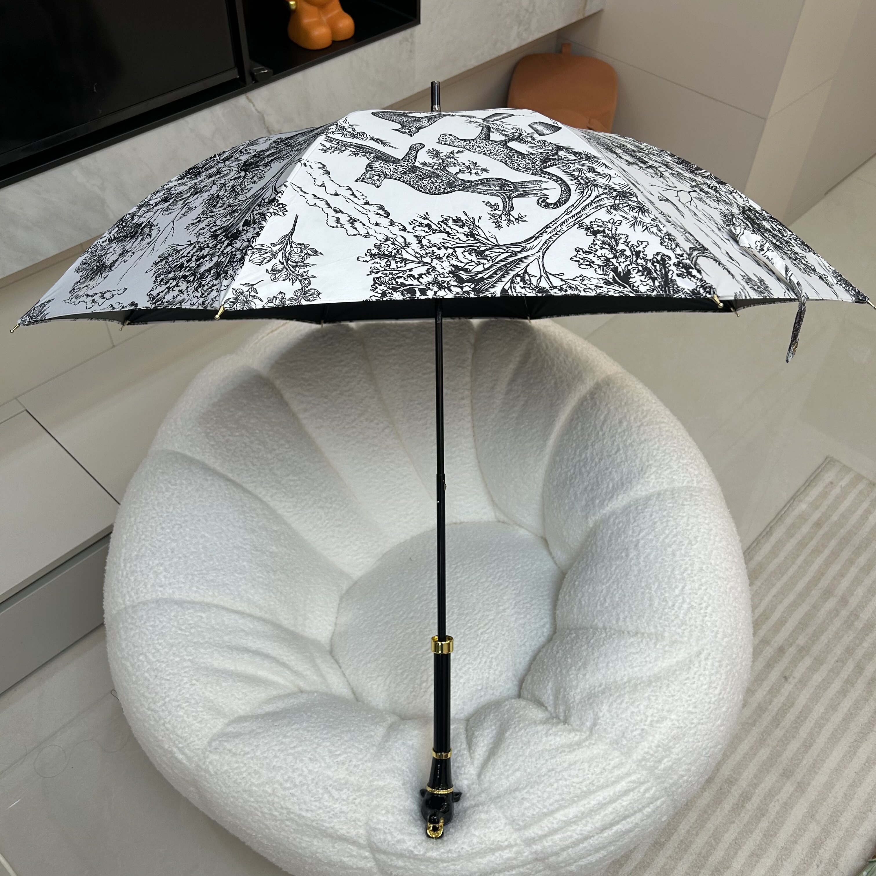 日系高颜值复古小清新油画黑豹子手动伸缩长柄黑胶晴雨两用遮阳伞