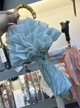 高颜值日系小清新绿色棉布荷叶花边太阳伞防晒遮阳竹节弯钩公主伞