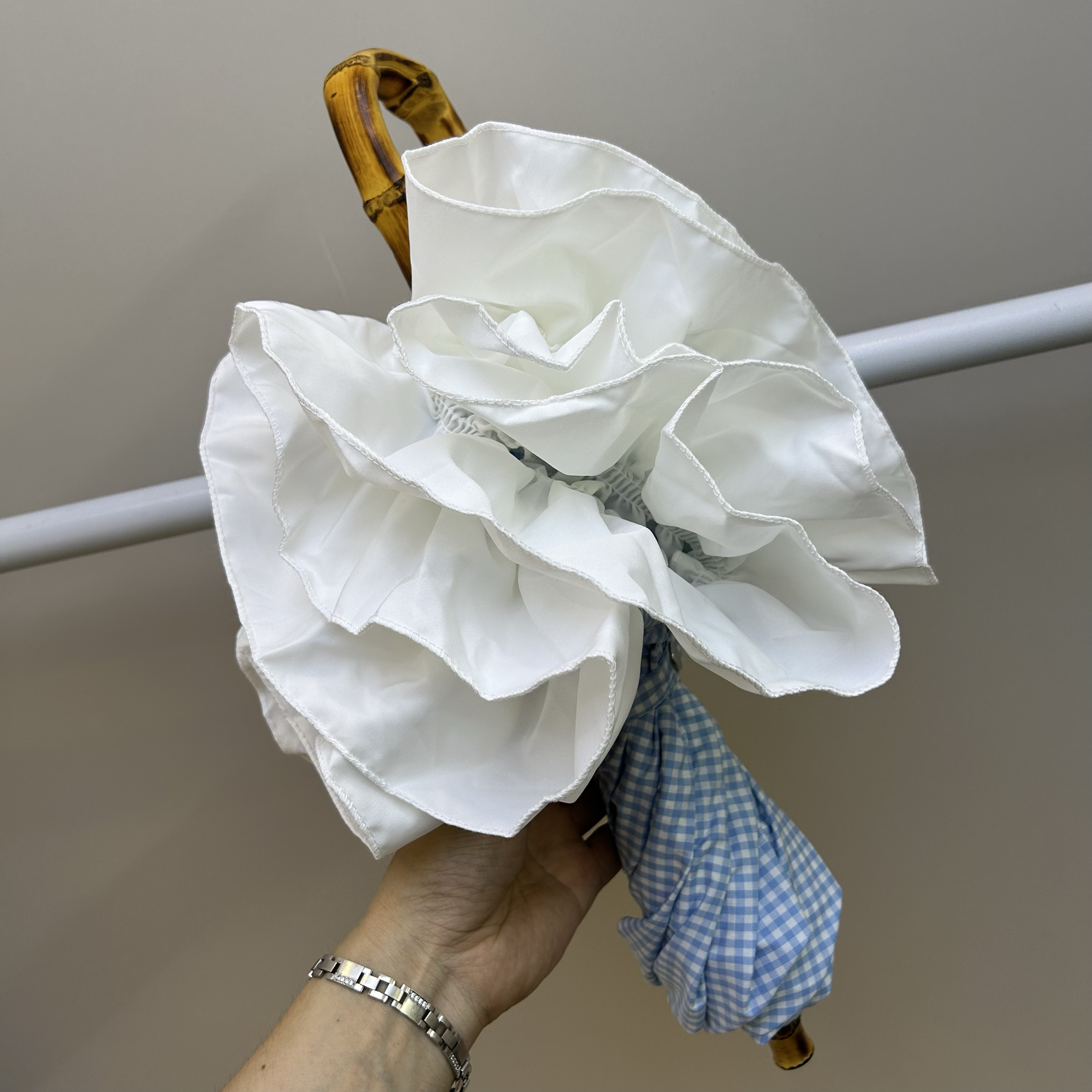 高颜值日系小清新蓝色格子花边黑胶自动二折伞竹节防晒遮阳紫外线